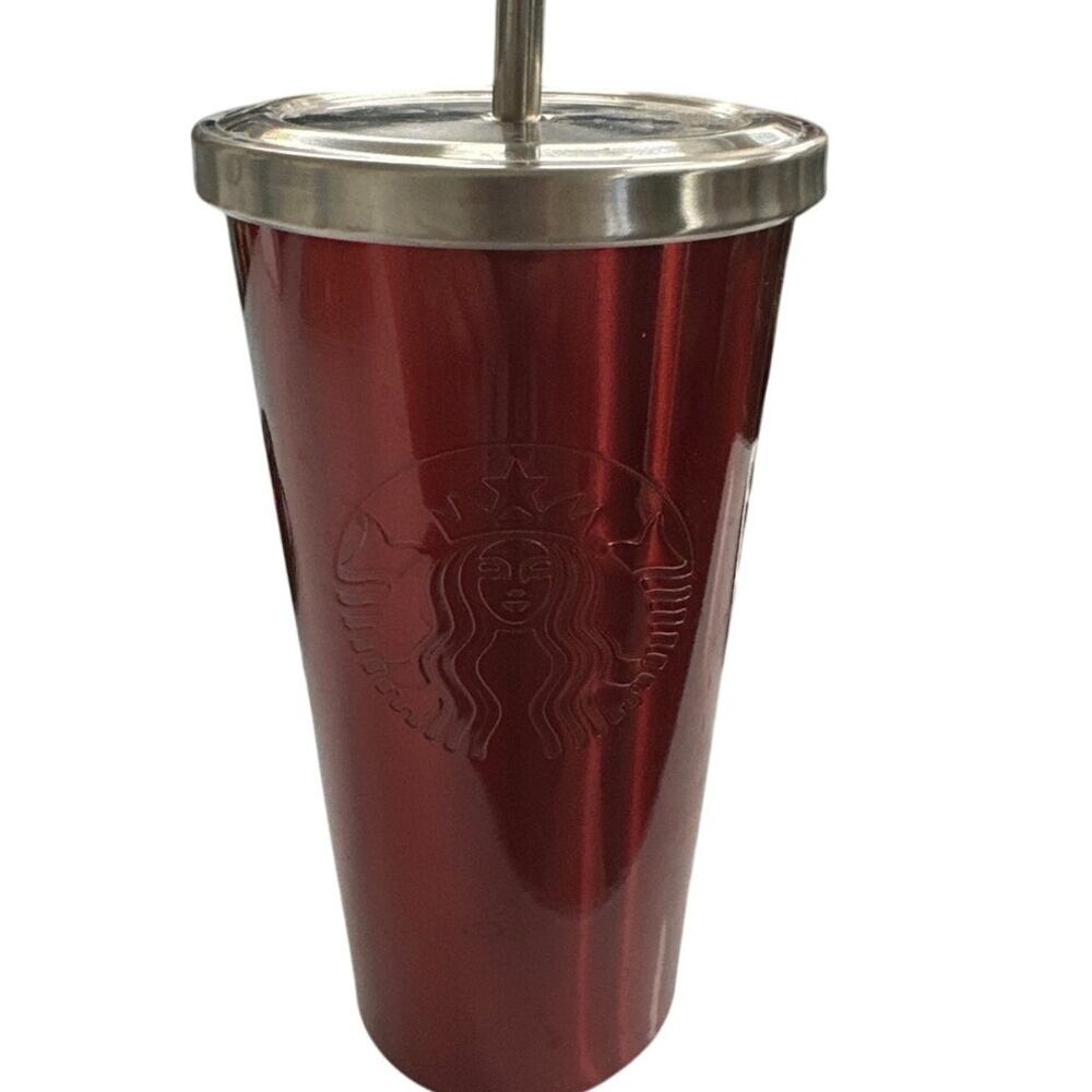 2014 Starbucks Red Stainless Steel Cold Cup Tumbler 16 oz w Lid Metal Straw